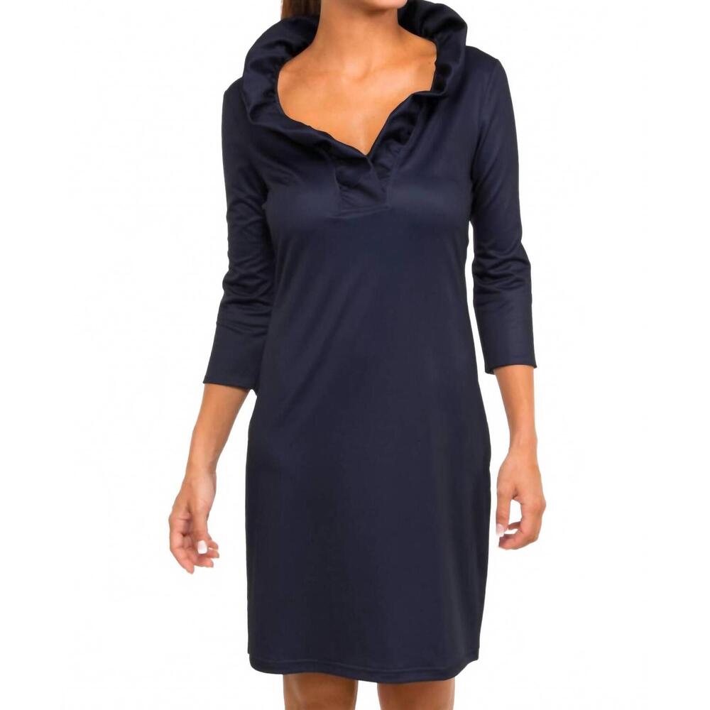 NEW GRETCHEN SCOTT solid ruffneck dress in navy